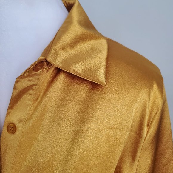 Glamourous Gold Satin Short Shirt Dress Front Tie Ruched Skirt Long Sleeve Luxe - Picture 9 of 10